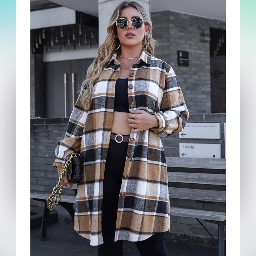 Plus size Plaid Button-Up Long Coat